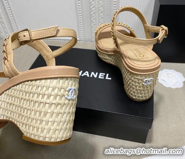 Fashion Chanel Calfskin Platform Wedge Sandals with Chain Beige 022249