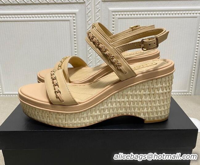 Fashion Chanel Calfskin Platform Wedge Sandals with Chain Beige 022249