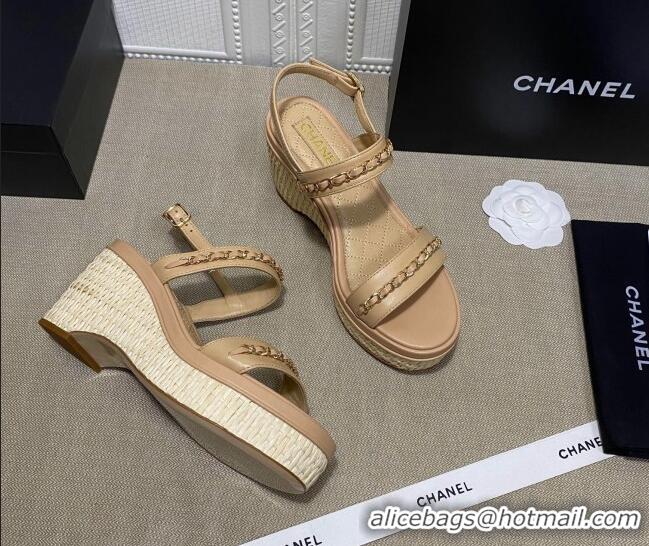 Fashion Chanel Calfskin Platform Wedge Sandals with Chain Beige 022249