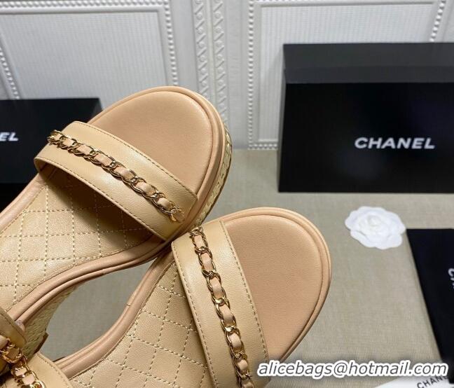 Fashion Chanel Calfskin Platform Wedge Sandals with Chain Beige 022249