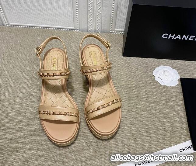 Fashion Chanel Calfskin Platform Wedge Sandals with Chain Beige 022249