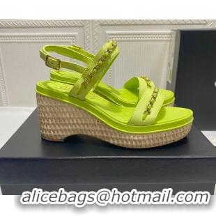 Luxury Chanel Calfskin Platform Wedge Sandals with Chain Green 022250