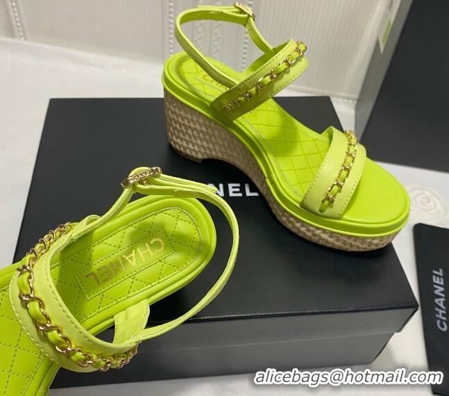 Luxury Chanel Calfskin Platform Wedge Sandals with Chain Green 022250