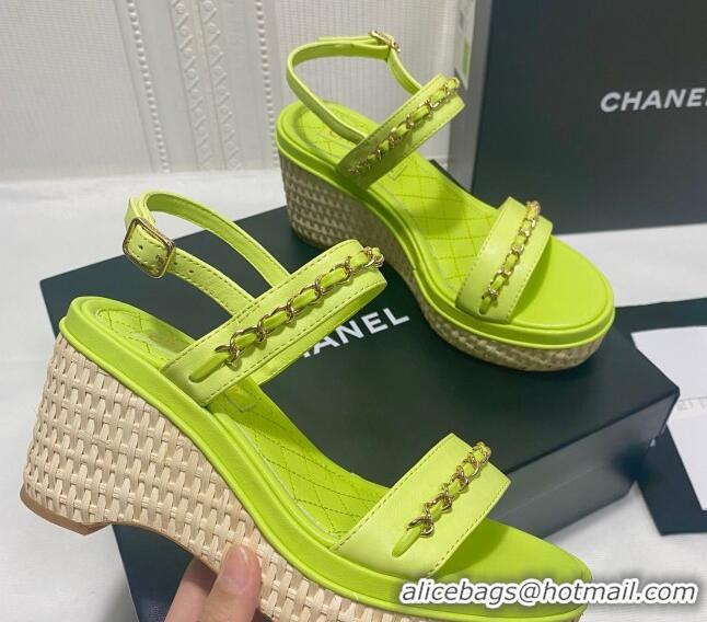 Luxury Chanel Calfskin Platform Wedge Sandals with Chain Green 022250