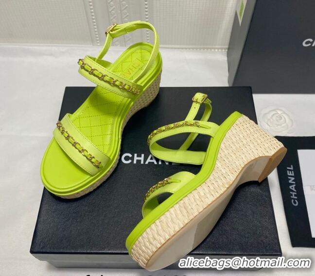 Luxury Chanel Calfskin Platform Wedge Sandals with Chain Green 022250