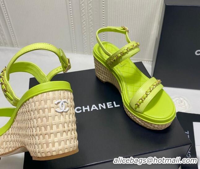 Luxury Chanel Calfskin Platform Wedge Sandals with Chain Green 022250