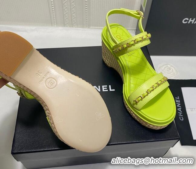 Luxury Chanel Calfskin Platform Wedge Sandals with Chain Green 022250