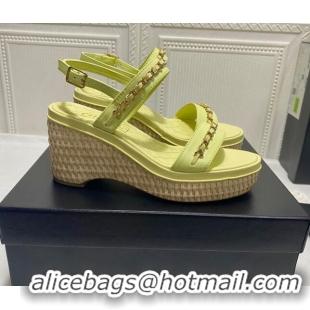 Pretty Style Chanel Calfskin Platform Wedge Sandals with Chain Yellow 022251