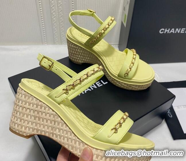 Pretty Style Chanel Calfskin Platform Wedge Sandals with Chain Yellow 022251