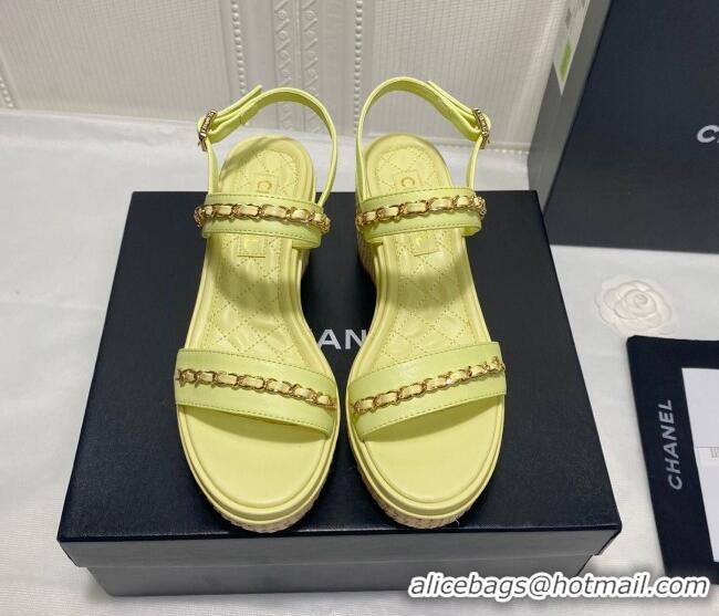 Pretty Style Chanel Calfskin Platform Wedge Sandals with Chain Yellow 022251