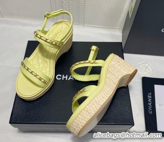 Pretty Style Chanel Calfskin Platform Wedge Sandals with Chain Yellow 022251