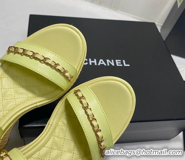 Pretty Style Chanel Calfskin Platform Wedge Sandals with Chain Yellow 022251