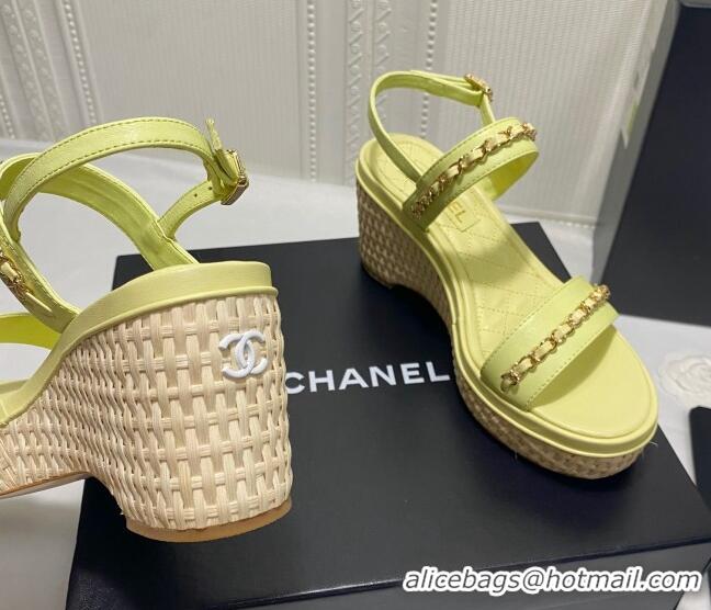 Pretty Style Chanel Calfskin Platform Wedge Sandals with Chain Yellow 022251