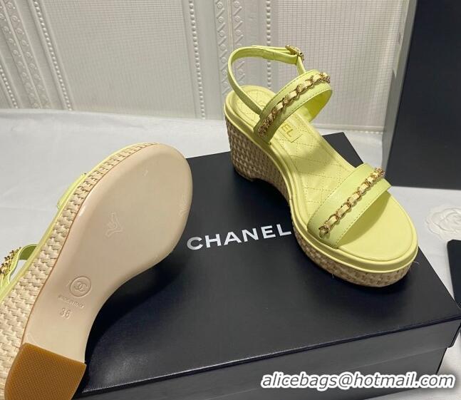 Pretty Style Chanel Calfskin Platform Wedge Sandals with Chain Yellow 022251