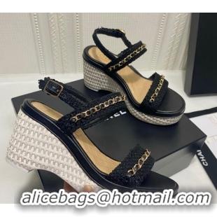 Best Product Chanel Tweed Platform Wedge Sandals with Chain Black 022252