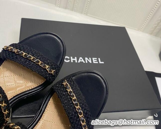 Best Product Chanel Tweed Platform Wedge Sandals with Chain Black 022252