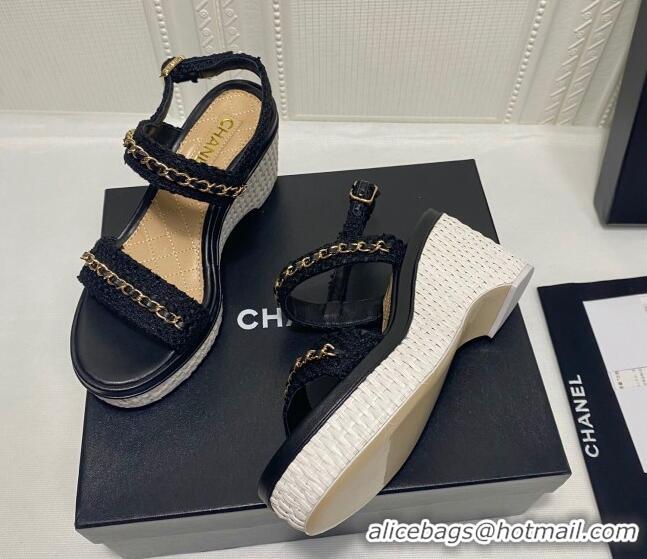 Best Product Chanel Tweed Platform Wedge Sandals with Chain Black 022252