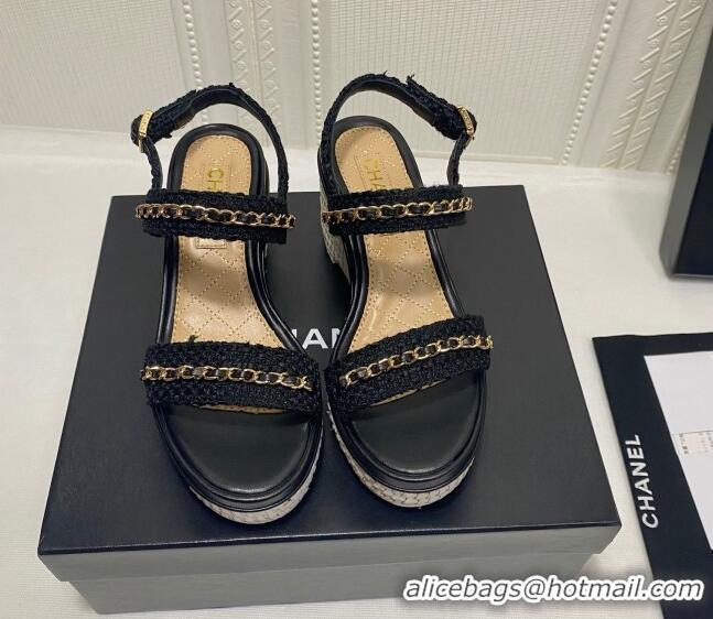 Best Product Chanel Tweed Platform Wedge Sandals with Chain Black 022252