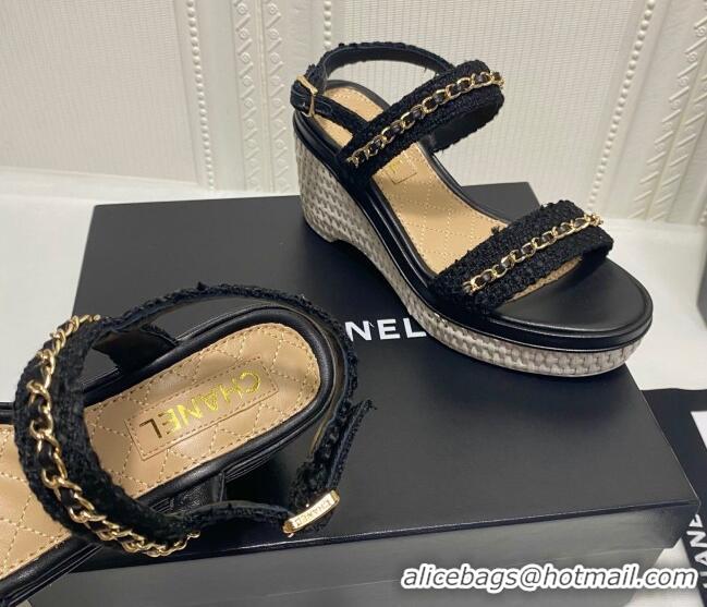 Best Product Chanel Tweed Platform Wedge Sandals with Chain Black 022252