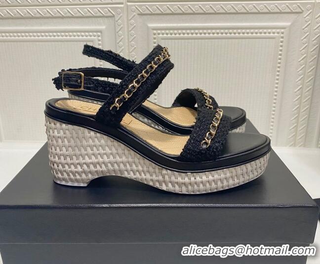 Best Product Chanel Tweed Platform Wedge Sandals with Chain Black 022252