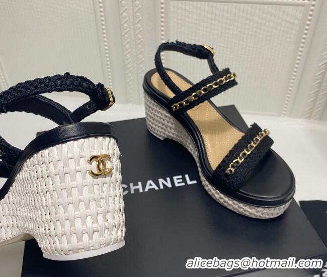 Best Product Chanel Tweed Platform Wedge Sandals with Chain Black 022252