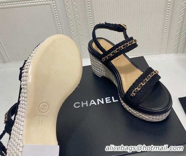 Best Product Chanel Tweed Platform Wedge Sandals with Chain Black 022252