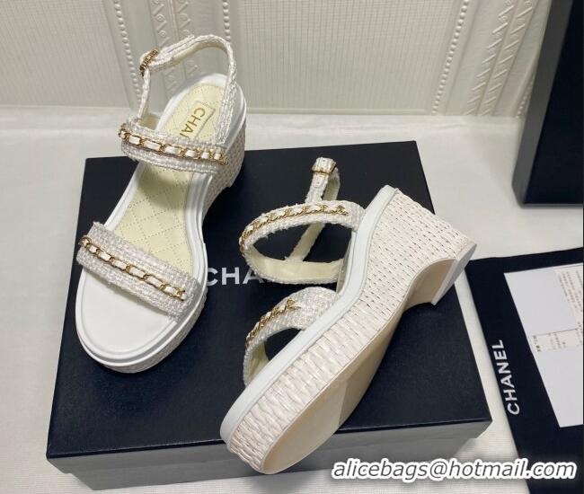 Best Grade Chanel Tweed Platform Wedge Sandals with Chain White 022253