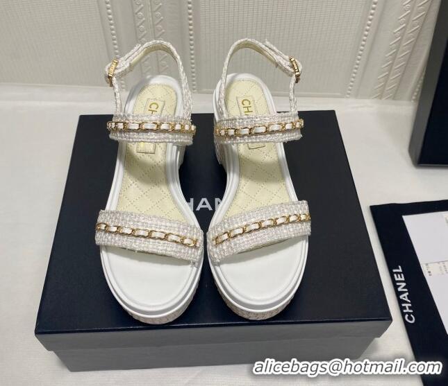 Best Grade Chanel Tweed Platform Wedge Sandals with Chain White 022253