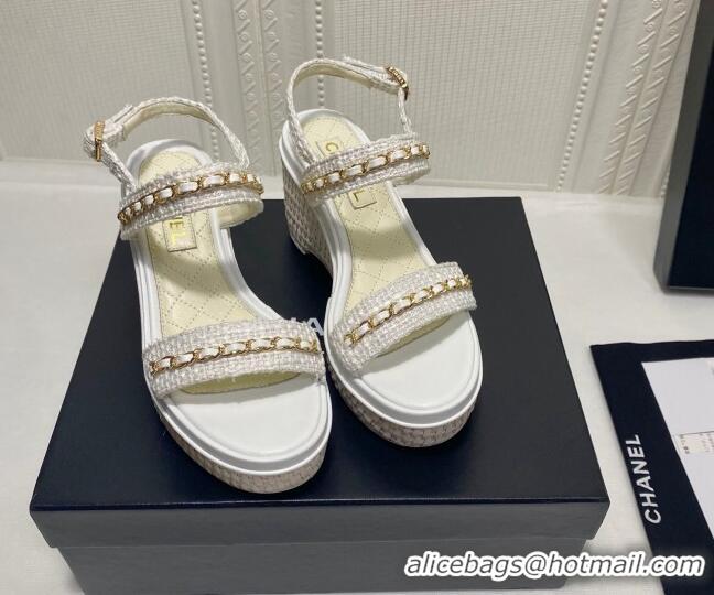 Best Grade Chanel Tweed Platform Wedge Sandals with Chain White 022253