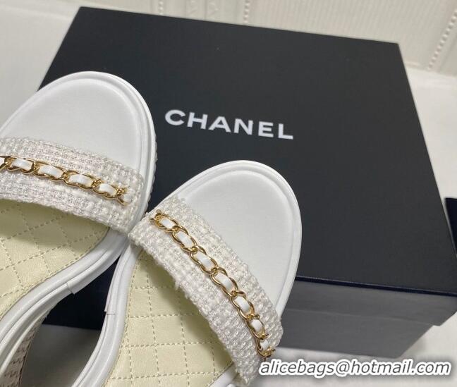 Best Grade Chanel Tweed Platform Wedge Sandals with Chain White 022253