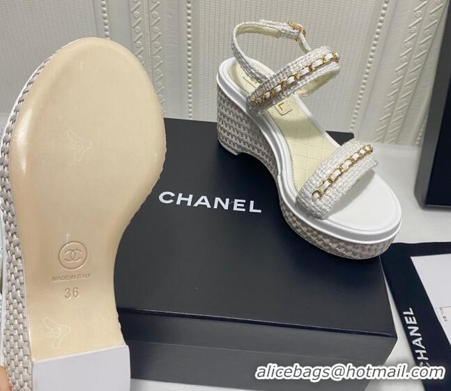 Best Grade Chanel Tweed Platform Wedge Sandals with Chain White 022253