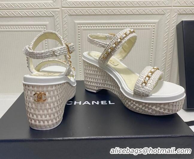 Best Grade Chanel Tweed Platform Wedge Sandals with Chain White 022253