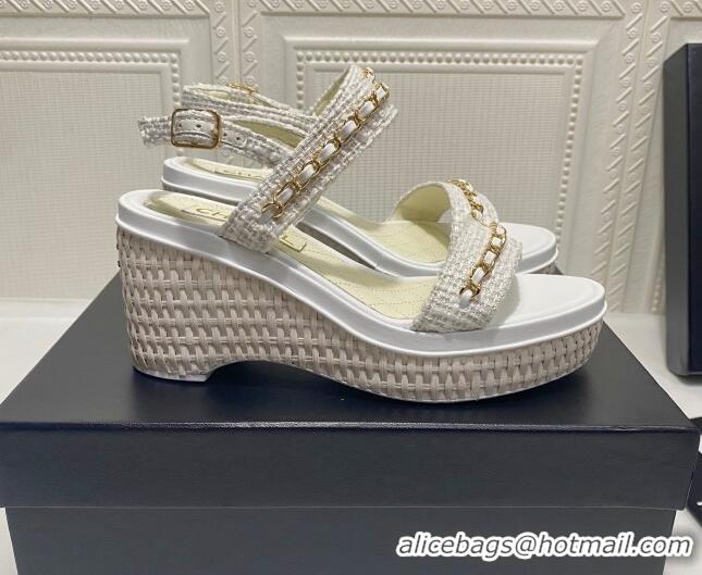 Best Grade Chanel Tweed Platform Wedge Sandals with Chain White 022253