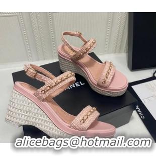 Luxury Chanel Tweed Platform Wedge Sandals with Chain Pink 022254