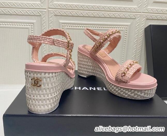 Luxury Chanel Tweed Platform Wedge Sandals with Chain Pink 022254