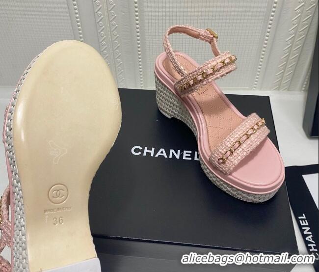 Luxury Chanel Tweed Platform Wedge Sandals with Chain Pink 022254