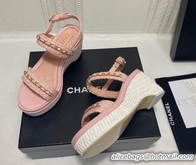 Luxury Chanel Tweed Platform Wedge Sandals with Chain Pink 022254