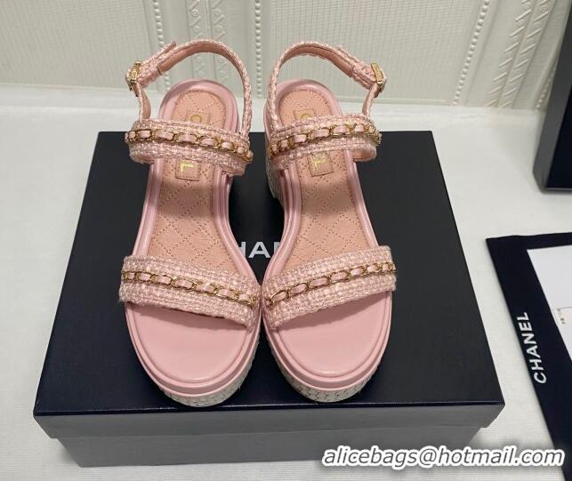 Luxury Chanel Tweed Platform Wedge Sandals with Chain Pink 022254