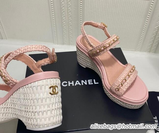 Luxury Chanel Tweed Platform Wedge Sandals with Chain Pink 022254