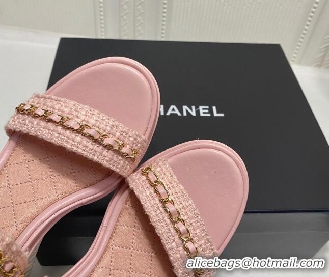 Luxury Chanel Tweed Platform Wedge Sandals with Chain Pink 022254