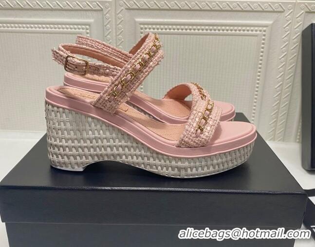 Luxury Chanel Tweed Platform Wedge Sandals with Chain Pink 022254