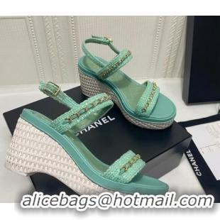 Grade Quality Chanel Tweed Platform Wedge Sandals with Chain Green 022255