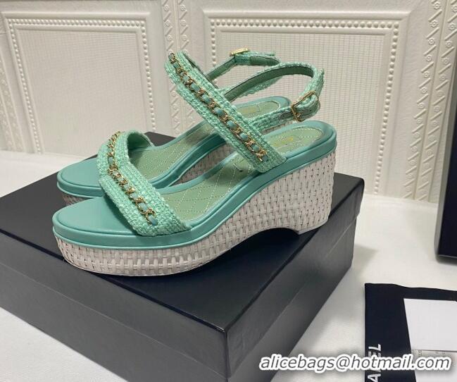 Grade Quality Chanel Tweed Platform Wedge Sandals with Chain Green 022255