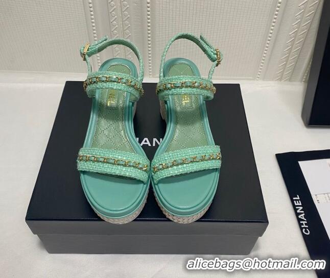 Grade Quality Chanel Tweed Platform Wedge Sandals with Chain Green 022255