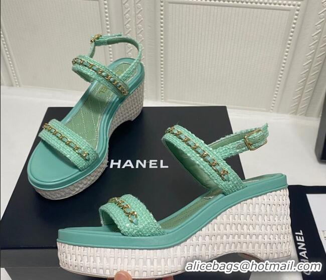 Grade Quality Chanel Tweed Platform Wedge Sandals with Chain Green 022255