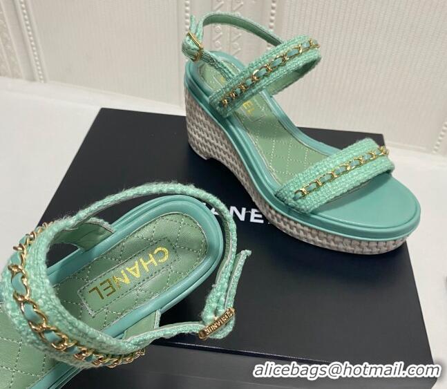 Grade Quality Chanel Tweed Platform Wedge Sandals with Chain Green 022255