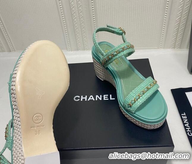 Grade Quality Chanel Tweed Platform Wedge Sandals with Chain Green 022255