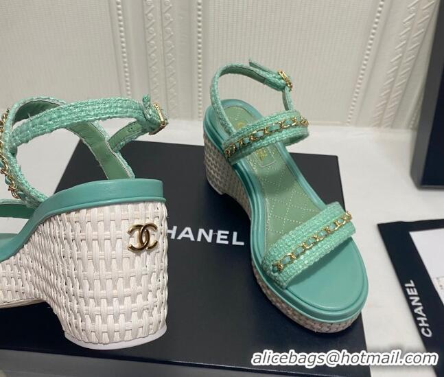 Grade Quality Chanel Tweed Platform Wedge Sandals with Chain Green 022255