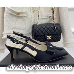 Hot Style Chanel Vintage Silk Slingback Pumps 5cm with Bow Black 022256