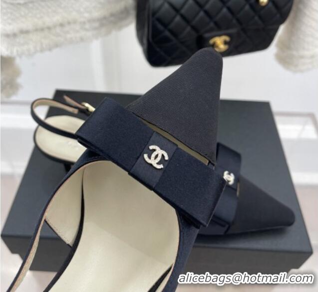 Hot Style Chanel Vintage Silk Slingback Pumps 5cm with Bow Black 022256